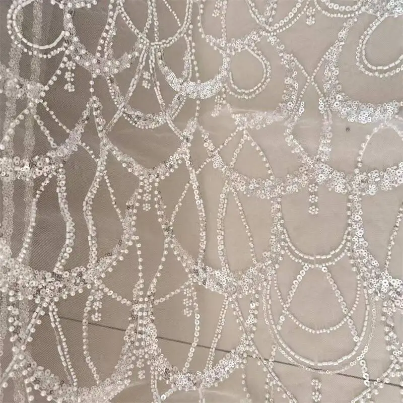 Perlen-Pailletten-Kronen-Gitter-Spitzenstoff, hochwertig, luxuriöses Abendkleid, französische Spitzenstoffe zum Nähen, Meterware – Detail 7