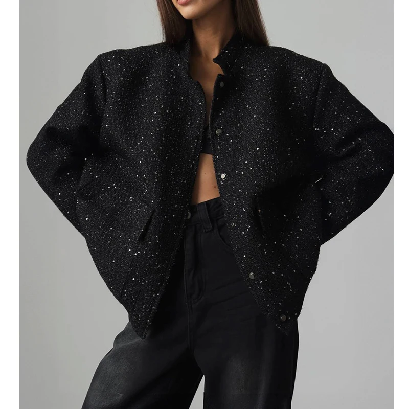 2025 Women Spring Vintage Sequins Jacket Coat Fashion Women Stand Collar Loose Style Jacket Femme Streetwear Tops Clothes
