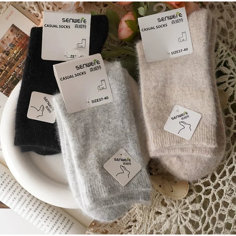 3pairs Winter Wool Women's Socks Thickened Knitted Warm Medium Tube Socks Newest Korean Ins Solid Color Soft Stockings Girls