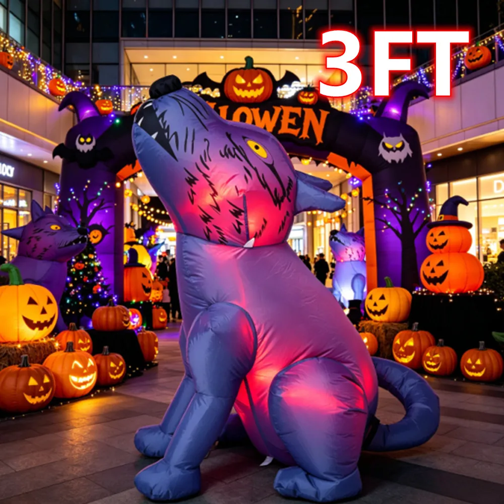 3FT Halloween Luminous Inflatable Ferocious Wolf Built-in LED Light For Home Halloween Decorations Outdoor Indoor Prop Ornament