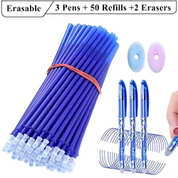 3 Erasable Pens + 50 Refills + 2 Eraser Black & Blue Ink Gel Pen Set 0.5mm Ball Tip Magic Pen with Eraser Writing Stationery