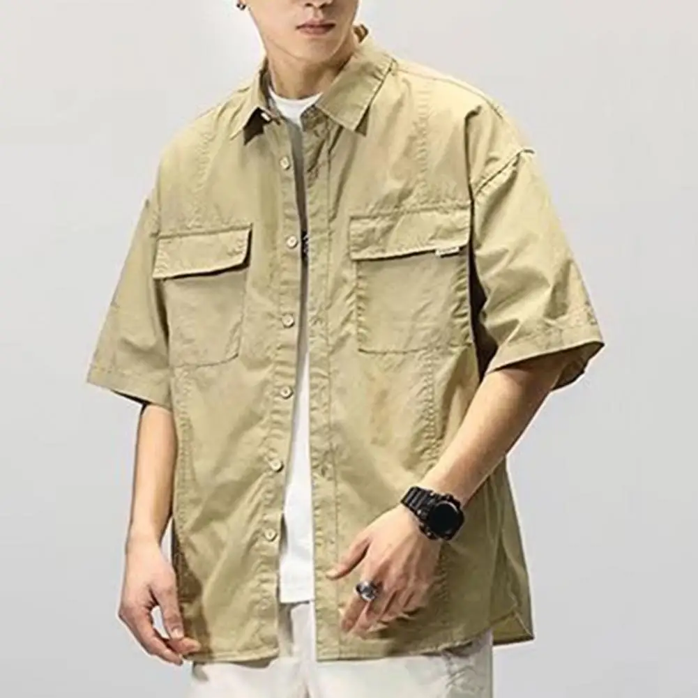 Men Cargo Shirt Hip-hop Turn-down Collar Short Sleeves Single-breasted Summer Loose Male Shirt Men\'s Clothing camisa masculina