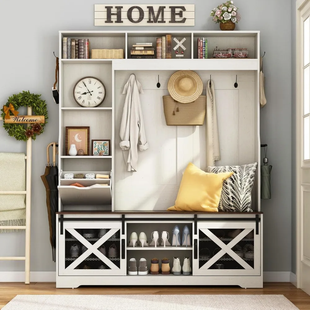 شجرة قاعة LED على طراز المزرعة بطول 75 بوصة مع مقعد، رف معطف، 16 مكعب لتخزين الأحذية، حامل مظلة للمدخل