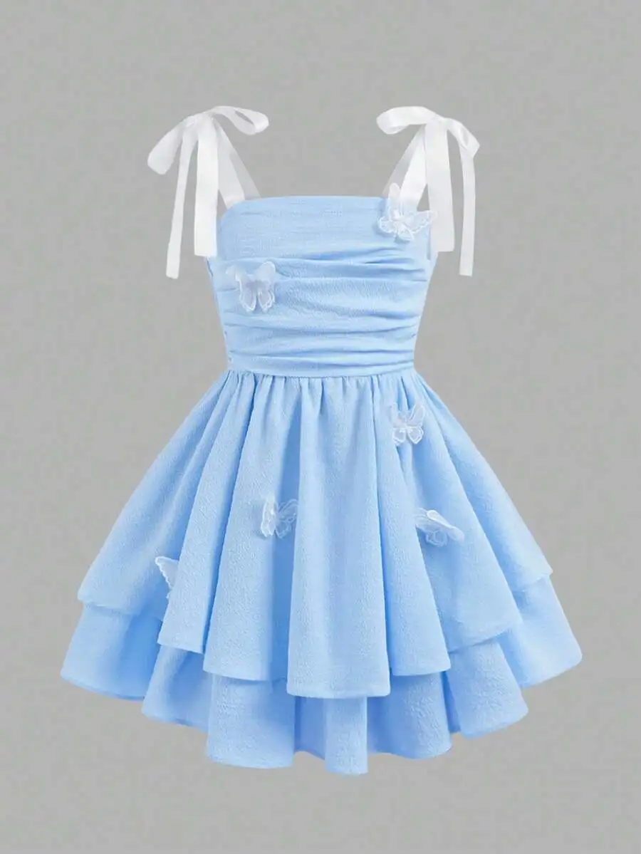 

Light Blue Butterfly Applique Tiered Skirt Sleeveless Dress For Women