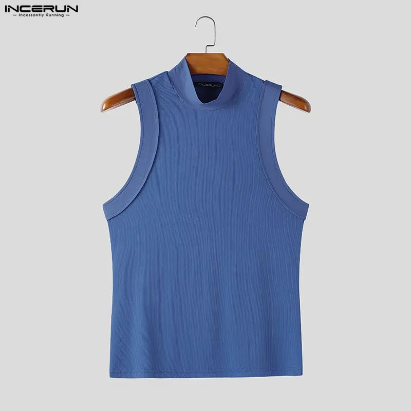 

INCERUN Men Tank Tops Solid Color Turtleneck Sleeveless Knitted Male Vests Summer Streetwear 2026 Fashion Casual Men Clothing