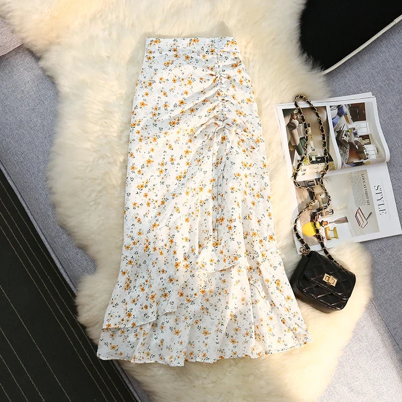 Elegant Luxury Floral Chiffon Midi Skirt Women Summer High Waist Fishtail Skirt Drawstring Ruched Irregular Hem Pretty Skirt New