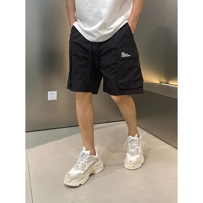 Thin Style Summer Men High Street Large Pocket Drawstring Shorts Fashion Solid Color Comfortable Elastic Waist Casual Pants