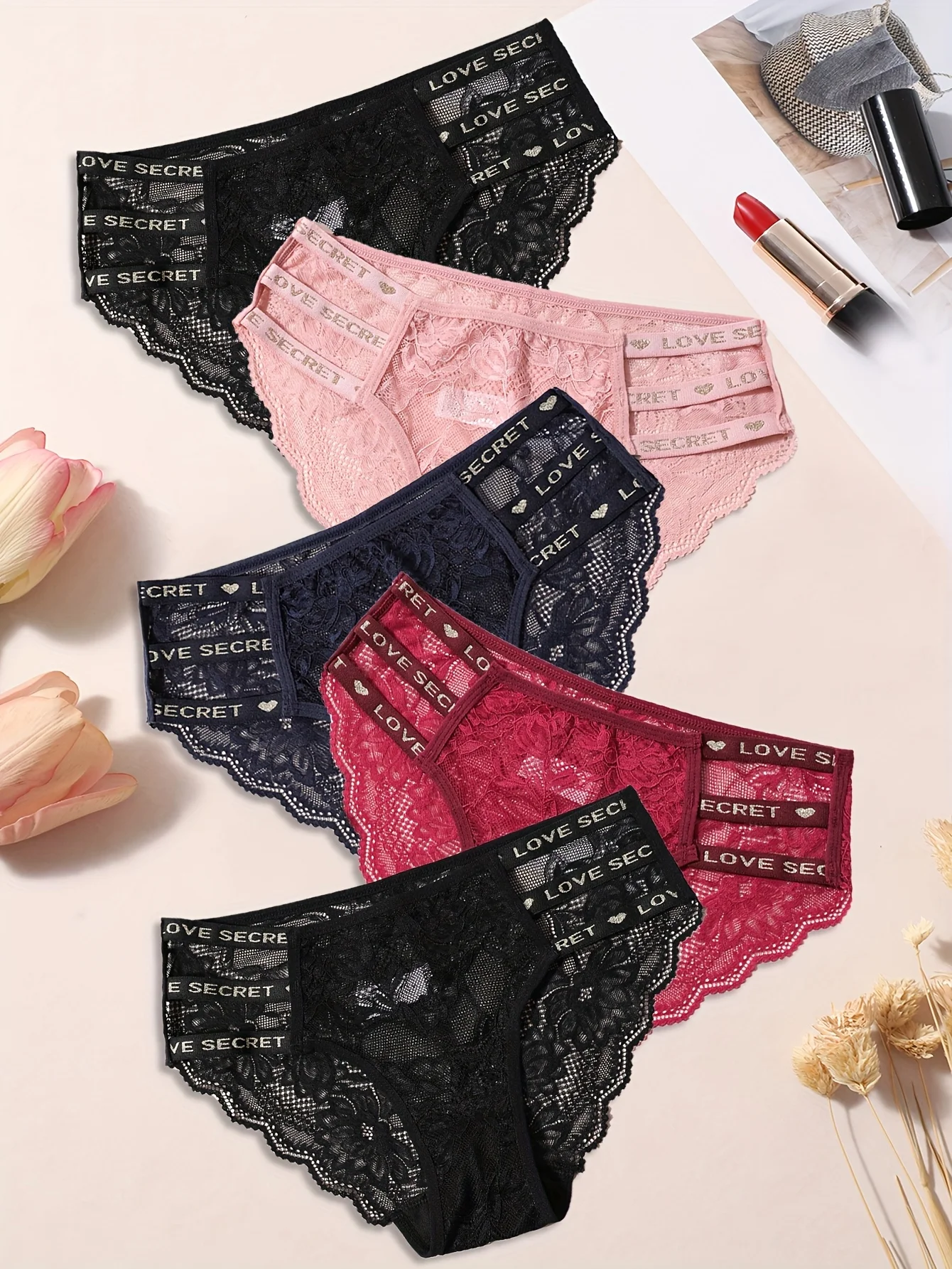 5-Pack Elegant Women's Low-Rise Bikini Panties with Floral Lace Trim and Waistband Featuring Heart-Shaped Letter Patterns