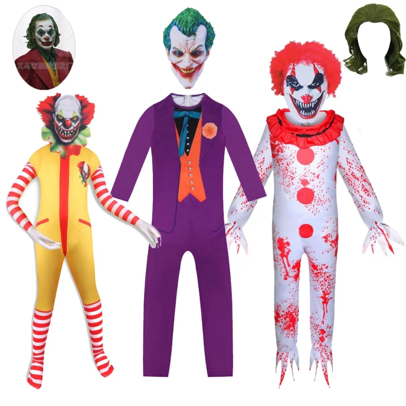 Gran oferta, traje de Cosplay para niños, Halloween, Pascua, Carnaval, Joker, dice sério, algunos disfraces, mono púrpura, máscara, juegos completos con peluca