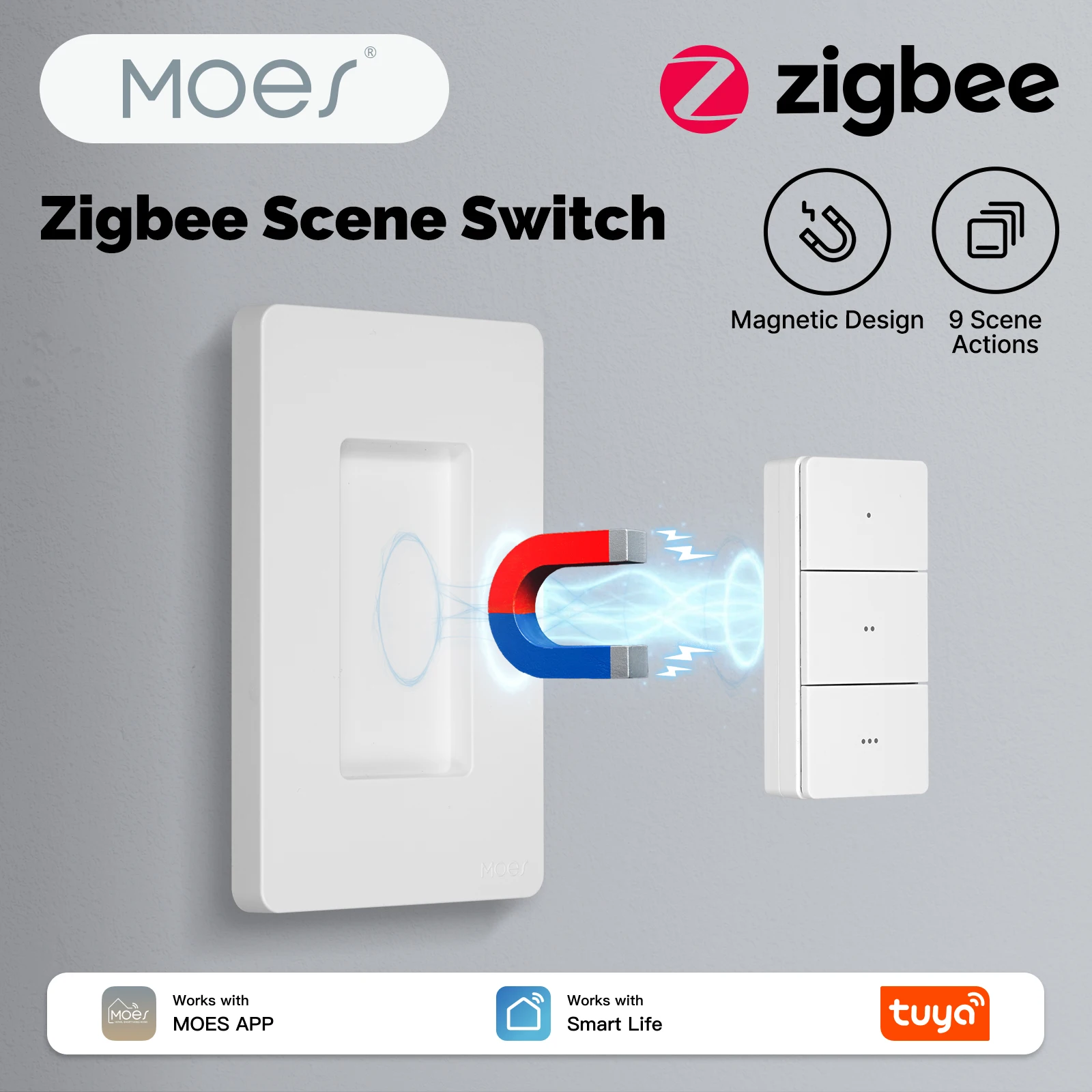MOES Tuya Zigbee Smart Wireless Scene Switch 3 Gang 9 Scenarios Linkage Magnetic Design Handheld Push Button Control US Version