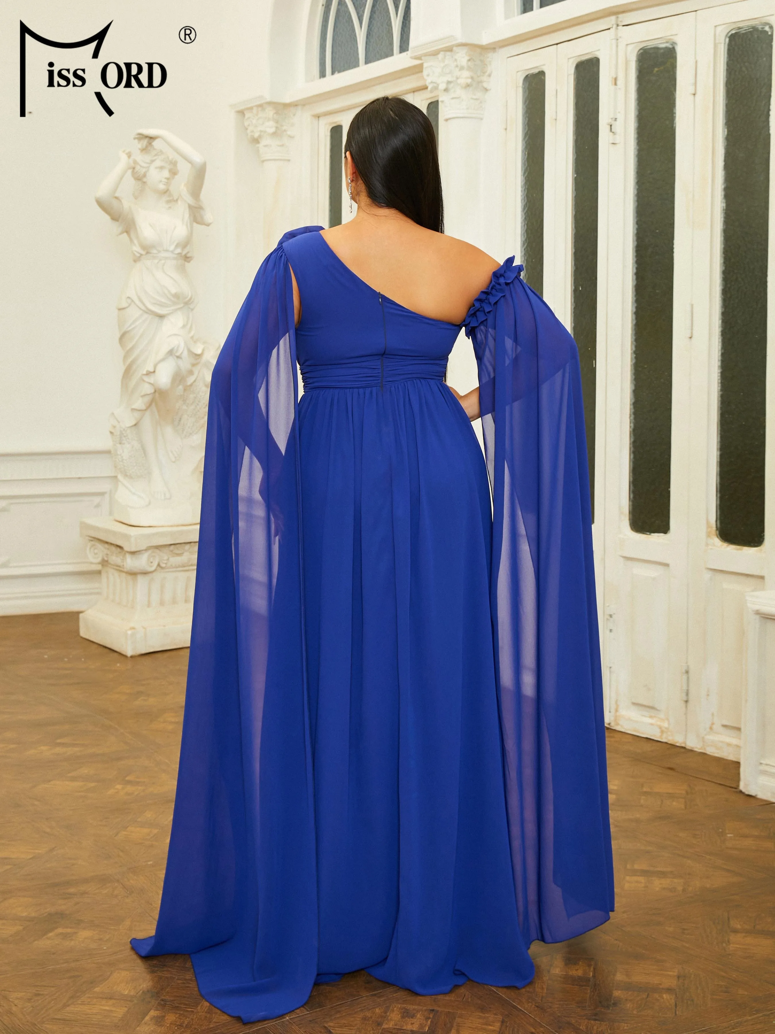 Missord Plus Size Blue Off shoulder Long Sleeved A-line Evening Gown Wedding Birthday Party Dress