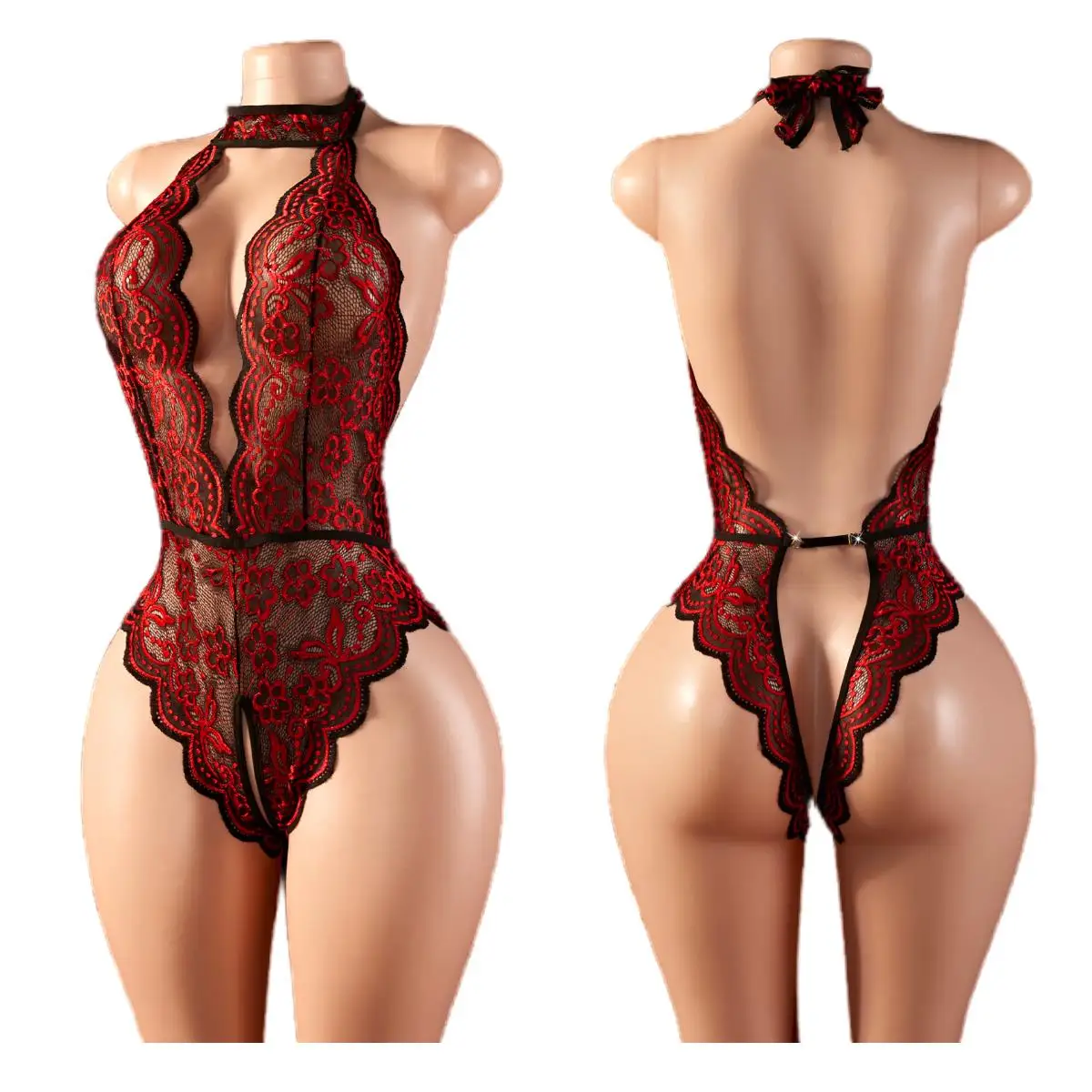 

XL-4XL Женская одежда больших размеров, экзотическая глубокая V-образная кукла с вырезами, боди с лямкой на шее, цельное кружевное сексуальное женское белье, эротическая пижама