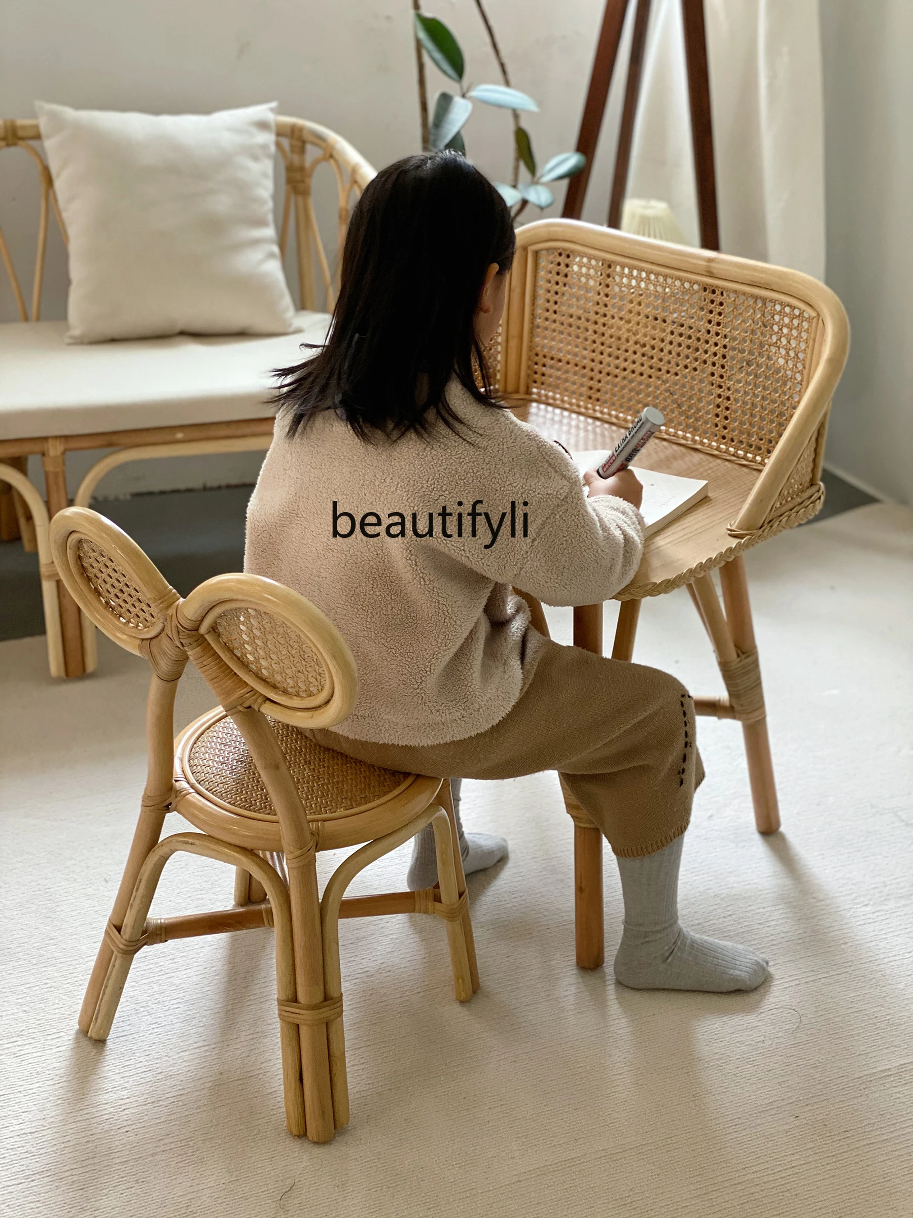 Penteadeira natural do Rattan, Bonito Combinação Quarto Play House, Mini Handmade Creative Learning Table