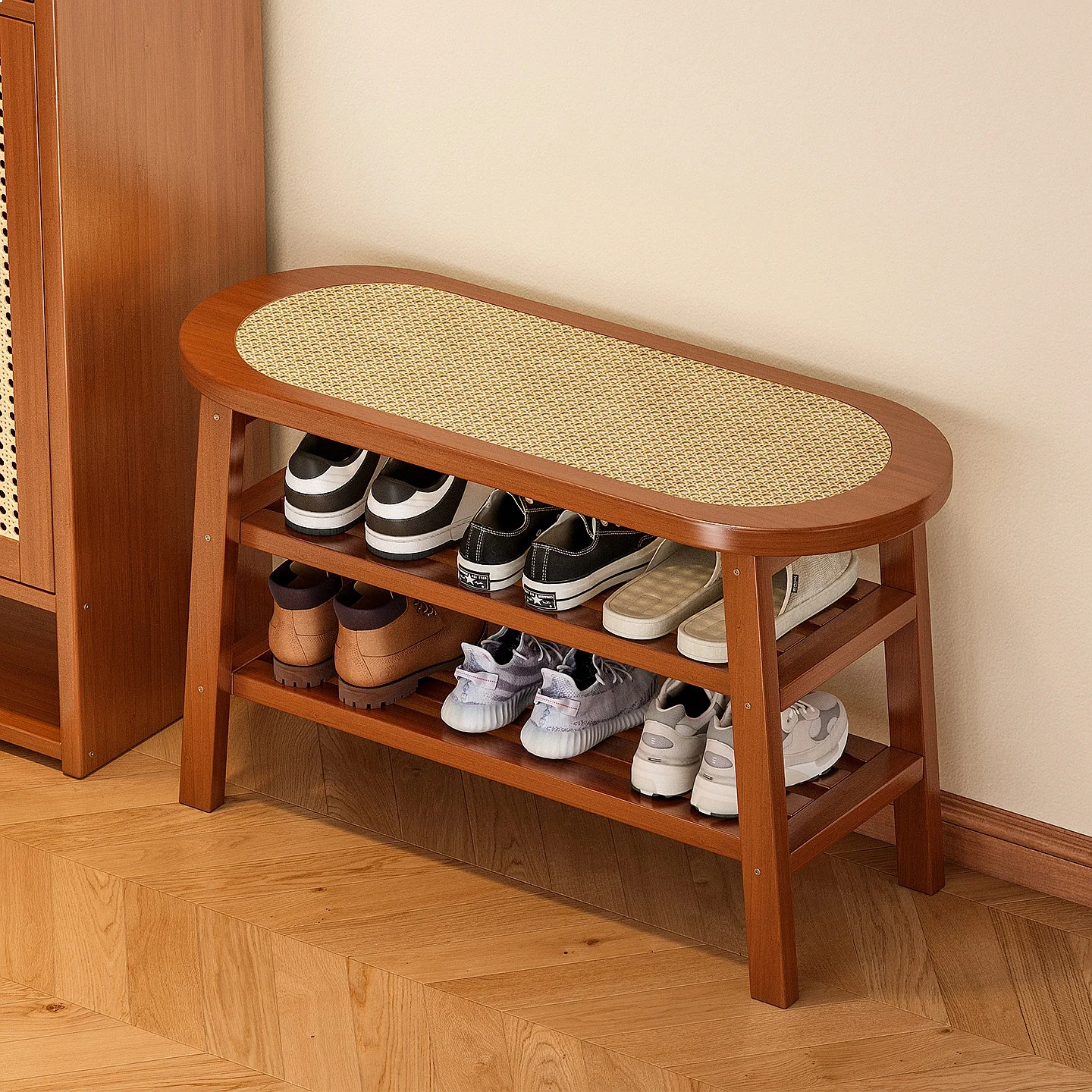 Woven Rattan Entryway Bench with Coat Rack, Multi-Layer Shoe Storage Organizer for Home, Space-Saving Hall Tree