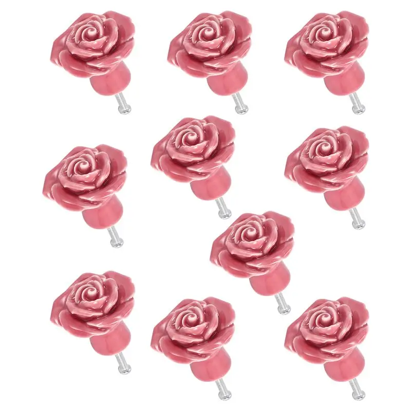 [A92P!】 10 Pcs Vintage Floral Rose Flower Door Knobs Handle Drawer Kitchen + Screws (Pink)