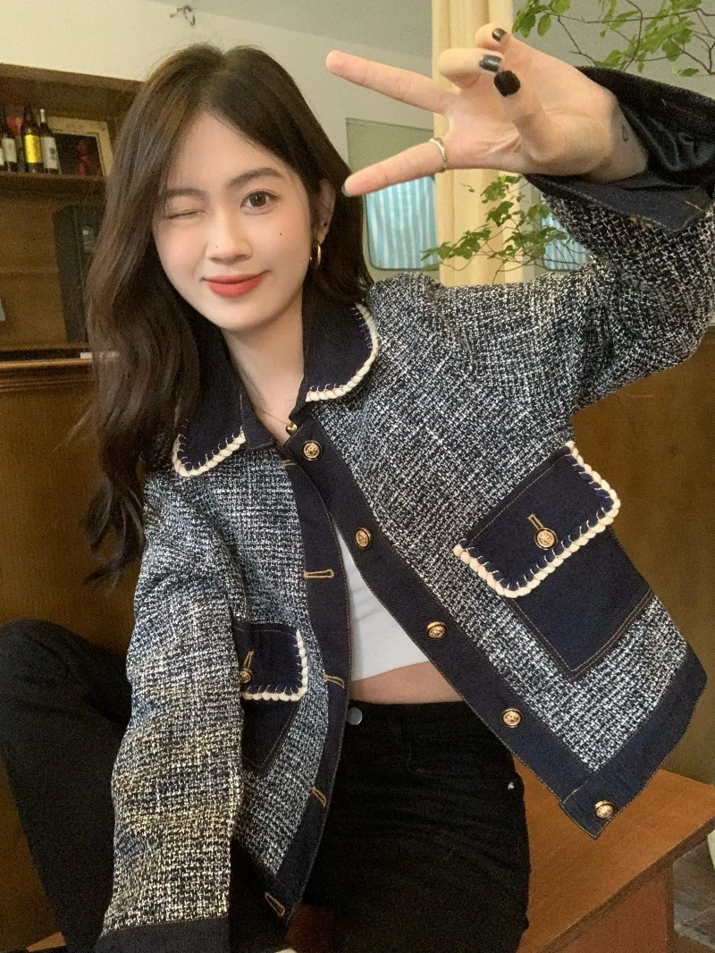 

Spring 2024 Women's Faion Slimming ort Jaet Patchwork Design Casual Ele Sle Polyester Fiber Long Sve Coat