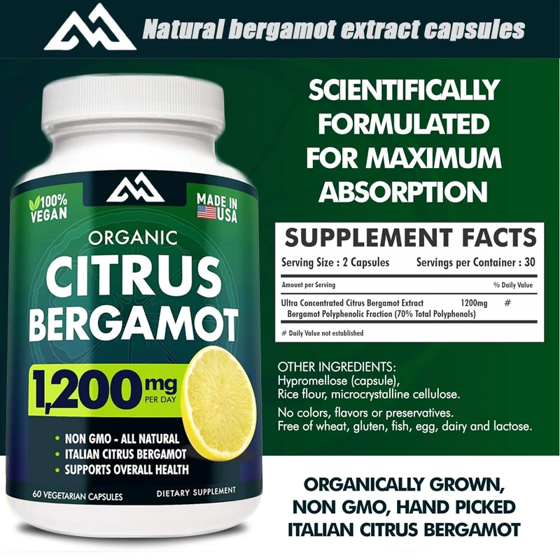 

Citrus bergamot 1200mg 60 capsules natural supplement that provides antioxidant protection for cells and supports overall health