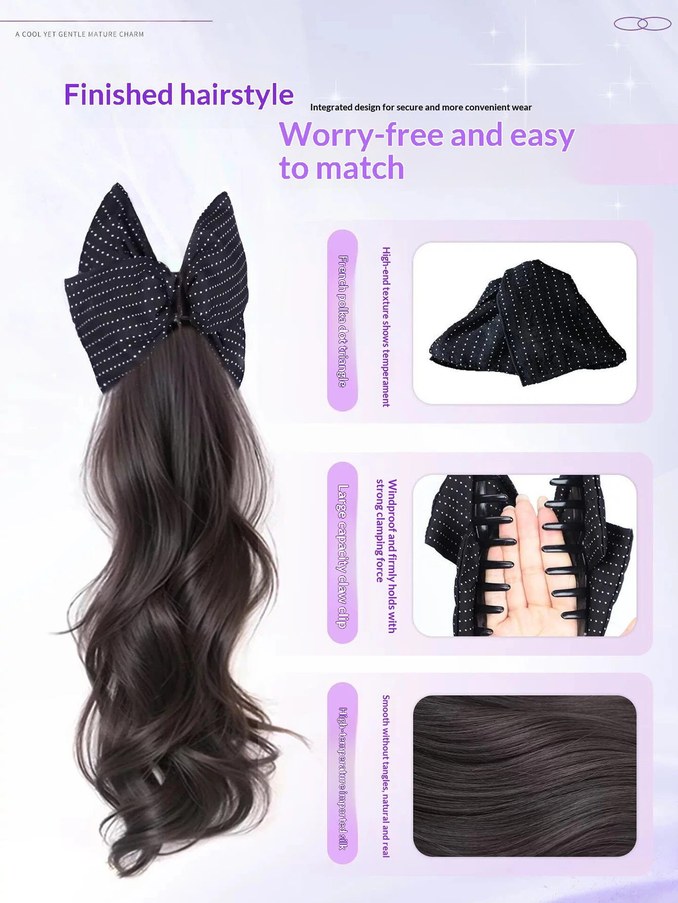Bow Claw Clip Synthetic Ponytail Hairpiece for Women Heat Resistant Soft Natural Easy Wear Daily Party Wedding Hair Accessories