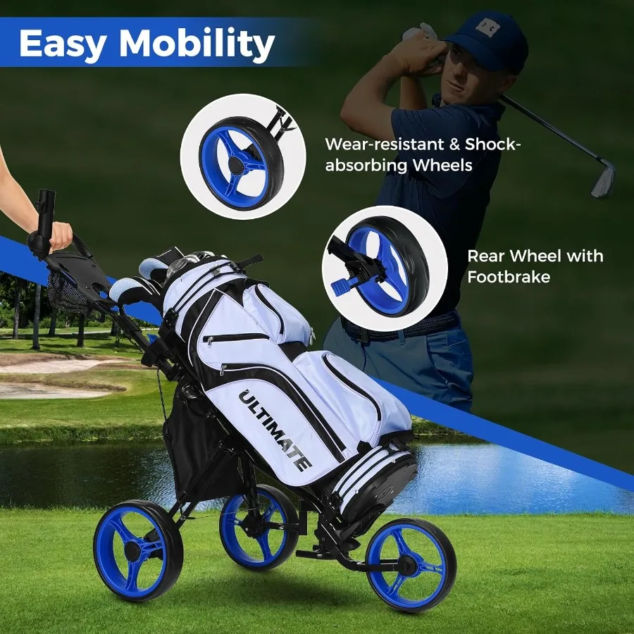 ULTIMATE 3 عجلة جولف دفع سحب عربة طوي خفيفة الوزن حقيبة جولف عربة ث/مقعد قابل للتعديل ومقبض حامل بطاقة النتائج مظلة