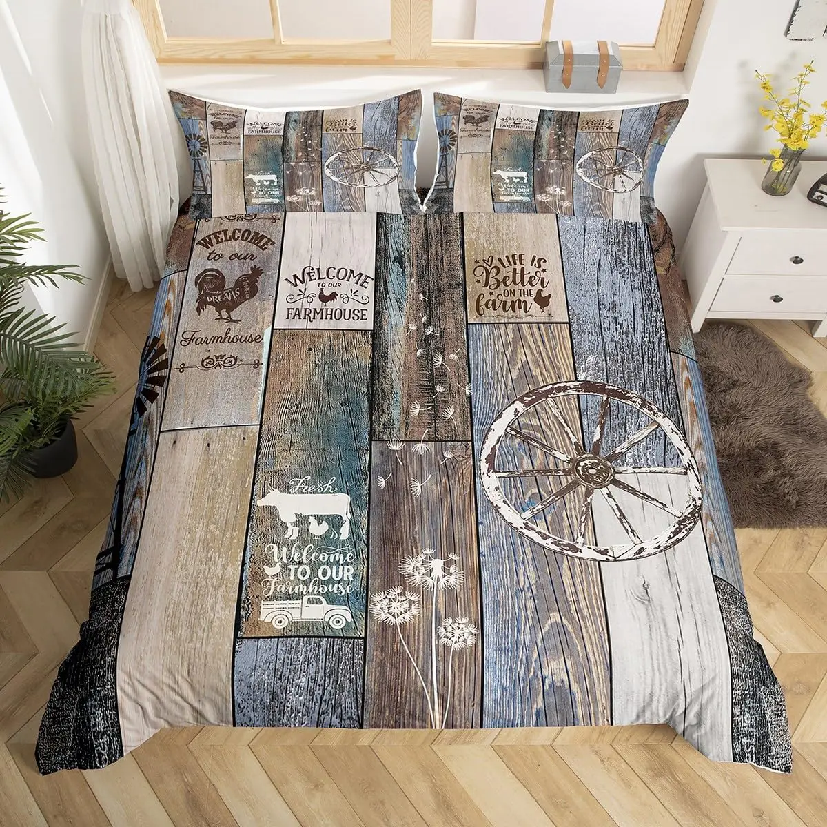 Farmhouse Duvet Cover King Rustic Windmill Quilt Cover Retro Barn Country Vintage Farm Cow Bedding Set Western Cabin Lodge Decor