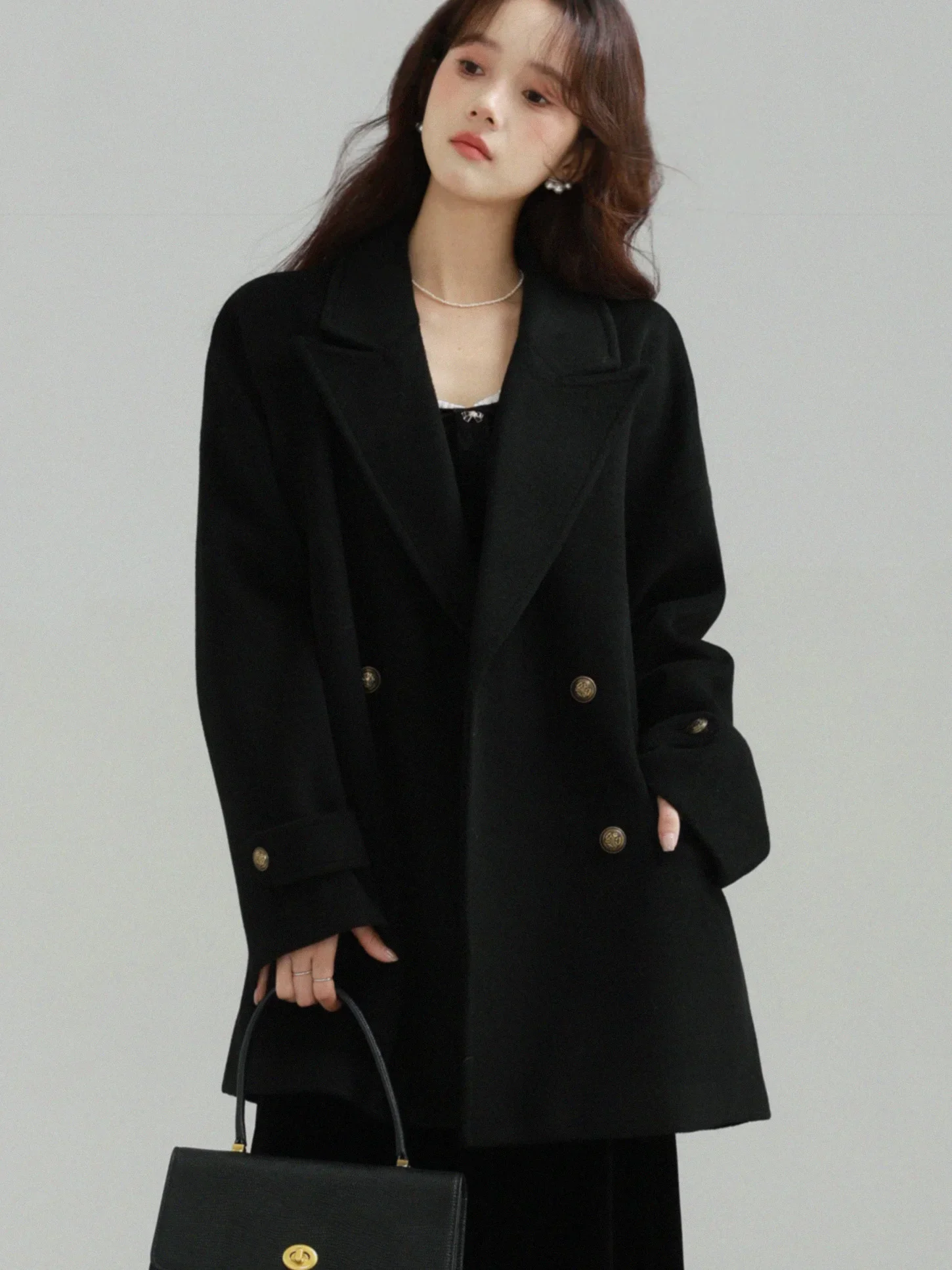 Retro Closure Collar Wool-like Coat Women Black Long Overcoat Elegant Casual Autumn Winter Fashion Chic Outerwear 2025 Trendy