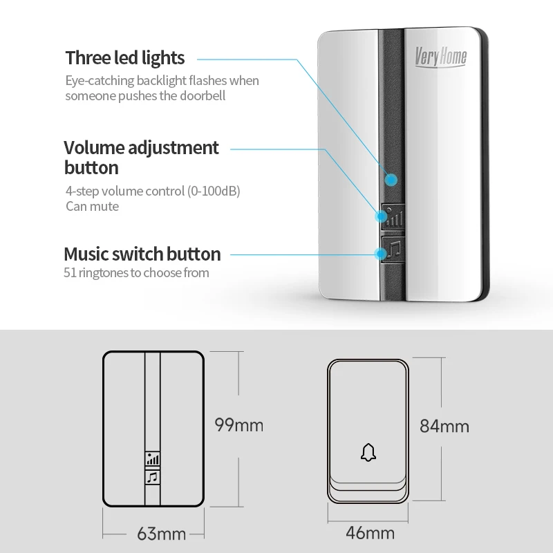 VeryHome-Sonnette d\'appel sans fil étanche, sonnette intelligente pour porte, pas de batterie, anneau sans fil, maison tendance