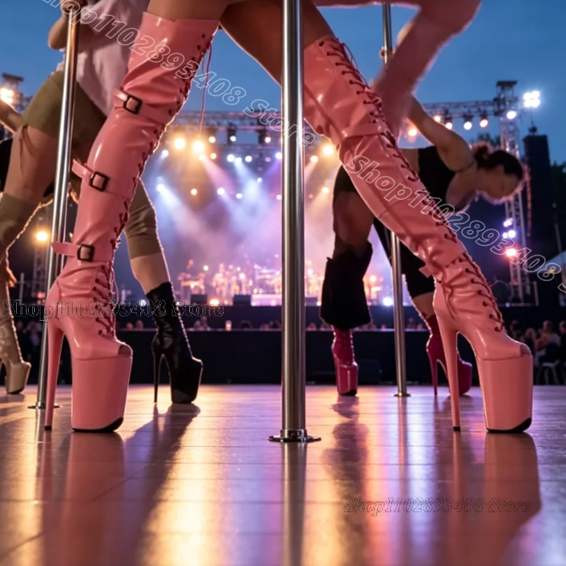 

Pink Buckle Decor Platform Boots Lace up Performance Peep Toe Spring Women Party Dancing Over Knee Boots Zapatos Para Mujere