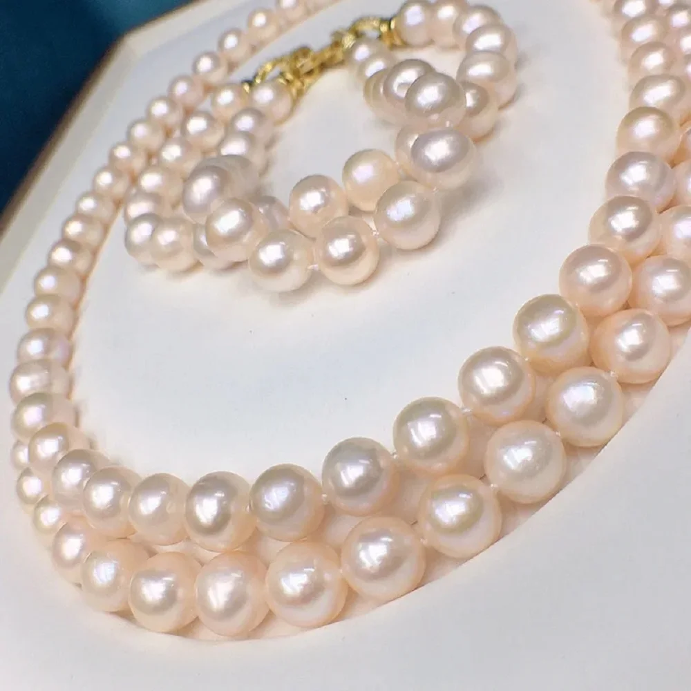 

2 ряда - Натуральное ожерелье AAA9-10 мм Круглое жемчужное ожерелье Южного моря 19-20 дюймов + 2 ряда - Браслет 7,5-8 дюймов, комплект 925s