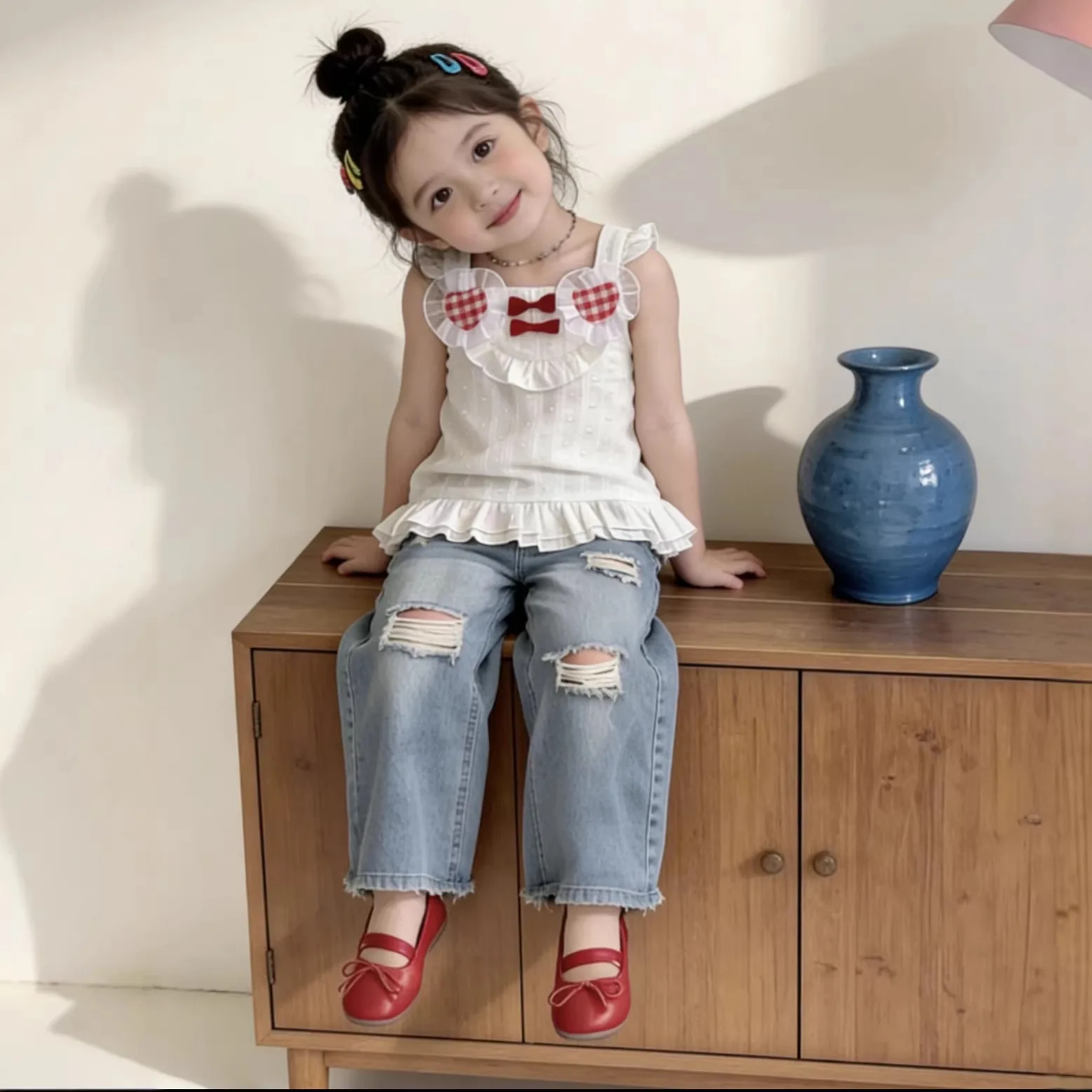 Girls Set 26 Summer New Love Bow Flying Sleeve Top Summer Fashion Jeans