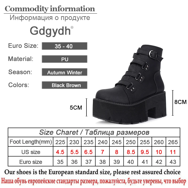 Gdgydh Spring Platform Boots Woman Chunky Heel Punk Gothic Boots Lace Black Brown Ankle Boots Women Comfortable Leather