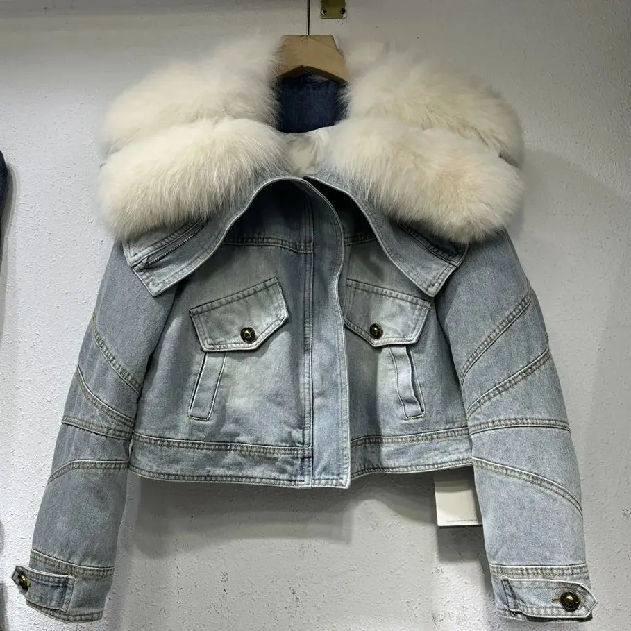 

2023 Winter New Big Fur Collar Fox Fur Denim Coat Female Fur Coat Thickened Liner Parkas Women Warm Outwear Y4518