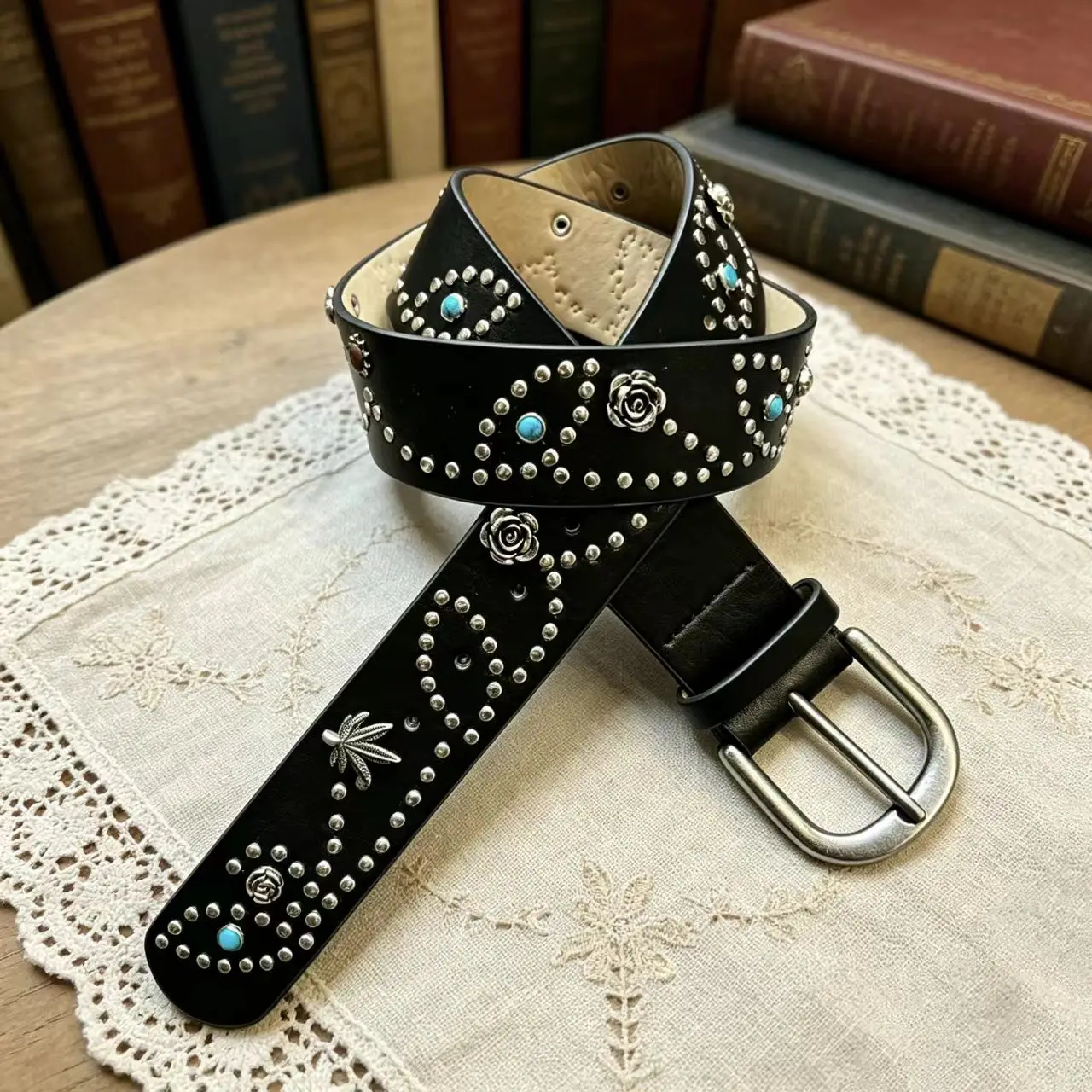 Vintage Western-Style Studded Belt for Women, Black Pu Leather Belt with Turquoise Rhinestones and Rose Decoration, Punk Y2K Millennium Style, Distressed Pin Buckle Jeans Belt, Unisex Couple Belt