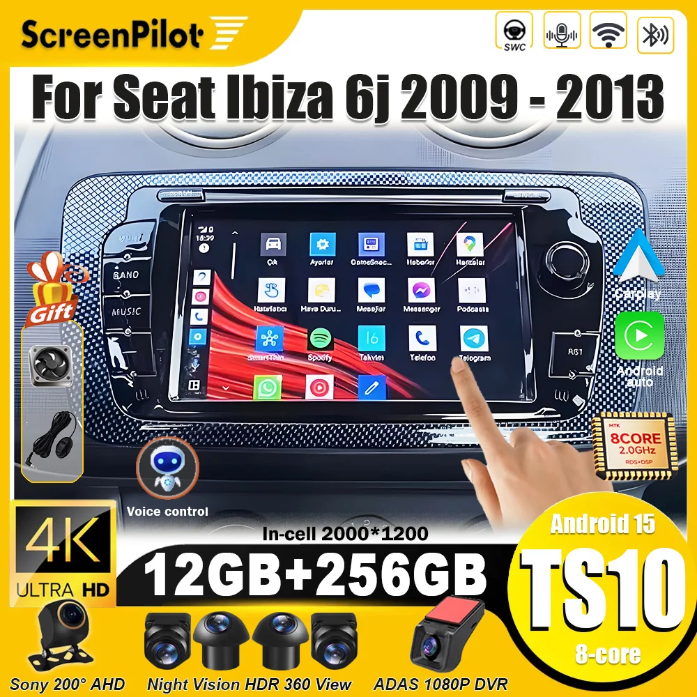 시트 이비자 6j 2009-2013 안드로이드 16 스테레오 헤드 유닛 미러링크 카플레이 블루투스 터치스크린 와이파이 RDS 8코어 5G DSP