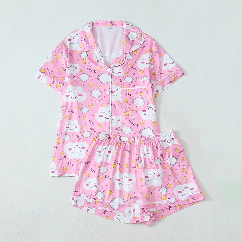 

2 шт., новый летний женский пижамный комплект, кардиган на пуговицах, топ, свободные шорты, костюм с милым мультяшным принтом, повседневная удобная домашняя одежда