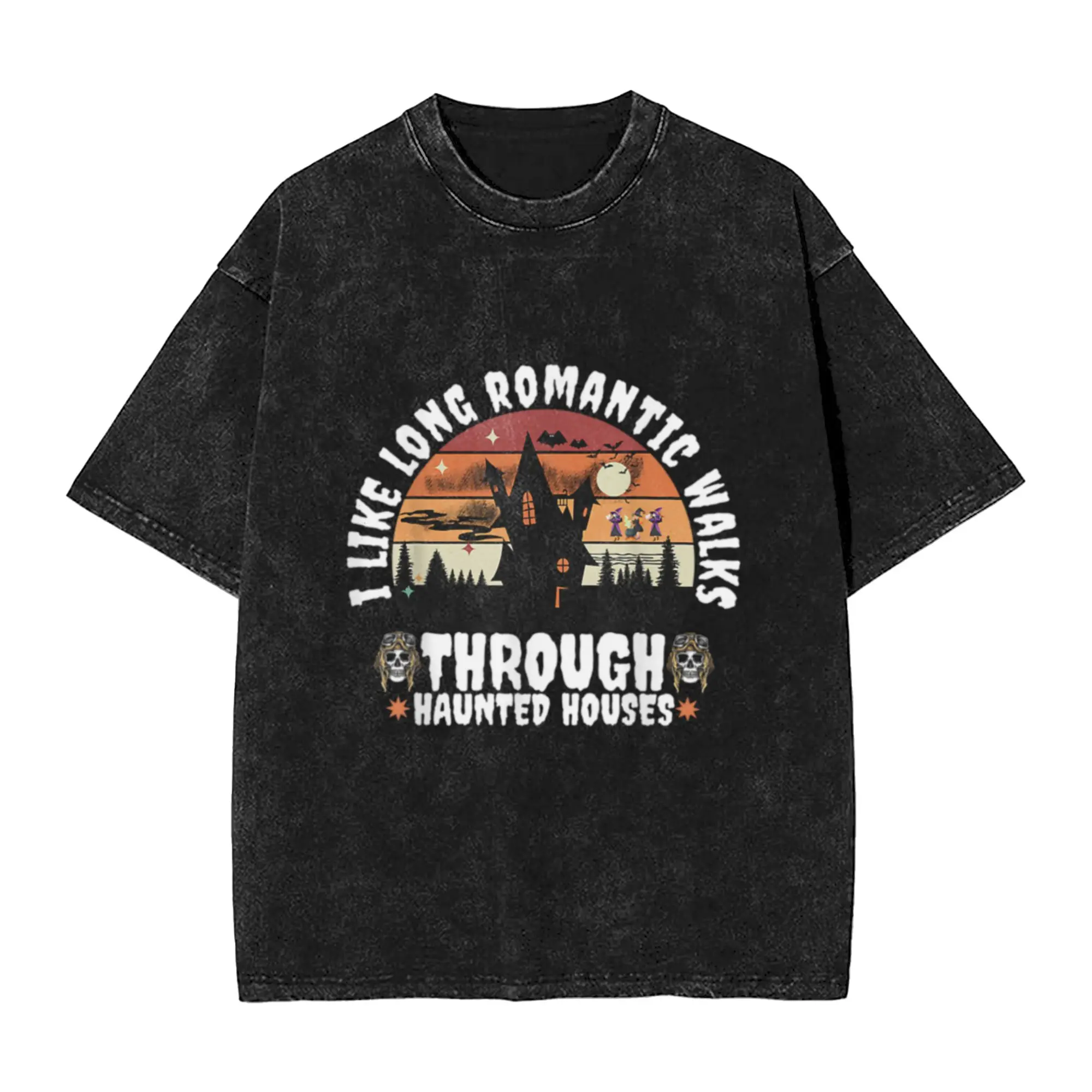Vintage I Like Long Romantic Walks Through Haunted Houses  Unique Cool A Washed T Shirt Men's Women's Oversized Cotton Tees Tops