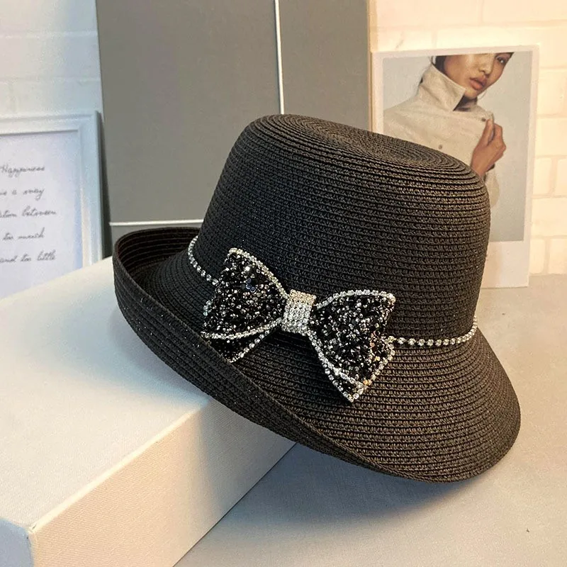 Fashionable diamond-encrusted sunshade hat artistic elegant and rolled-up top for children's travel