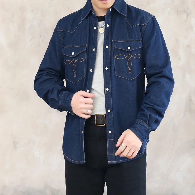 

American Style Retro Western Cowboy Long Sleeve Men's Spring Autumn Original Color Denim Casual Khaki Shirt Standard Fit Jeans