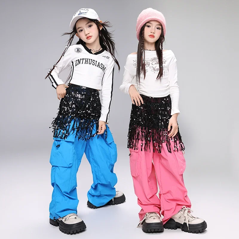 Hip Hop Mädchen K-pop Outfits Crop Top Pailletten Street Dance Cargo Hosen Kinder Streetwear Kinder Jazz Mädchen Gruppe Bühne kleidung Sets