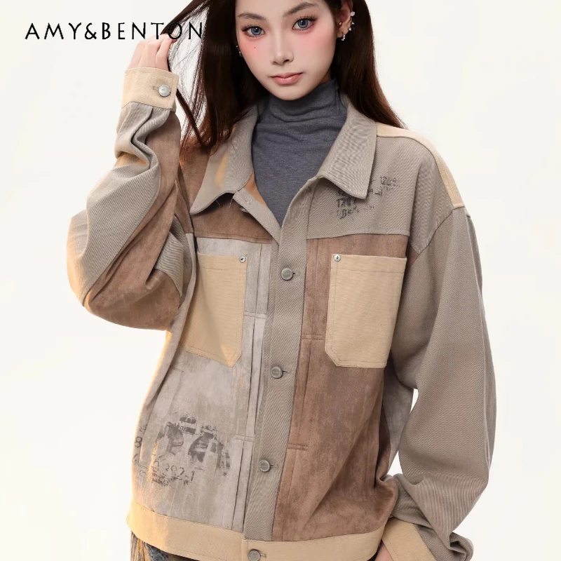 Kurtki w stylu American Retro Unisex Wiosna 2026 Nowe Zamszowe Zdobienia Kieszenie Słodki Cool Luźny Styl Y2k Uniwersalne Płaszcze dla Par