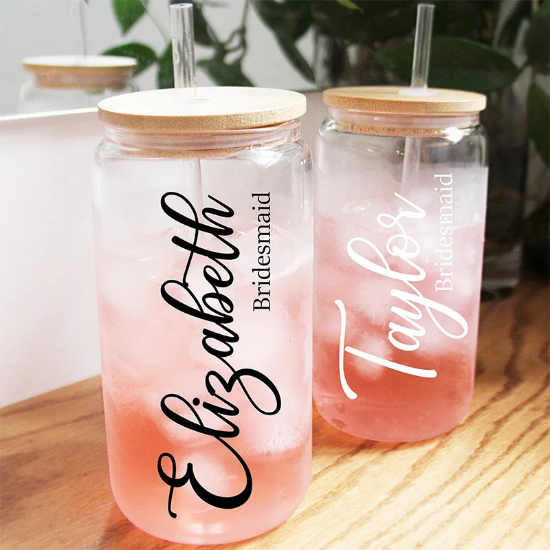 

Personalized Bridesmaid Glass Cup for Her Can Ice Bridal Shower Party Tumbler Gift Party Supplies Beer Can Glass Iced Coffee Cup