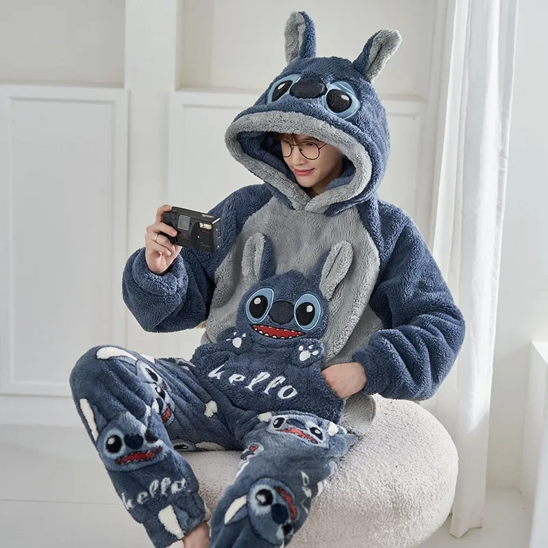 Disney Stitch Pooh Bear Winter Hooded Pajamas Set Men Women Pyjamas Cartoon Flannel Loung Sleepwear Couple Pijama Mujer Homewear