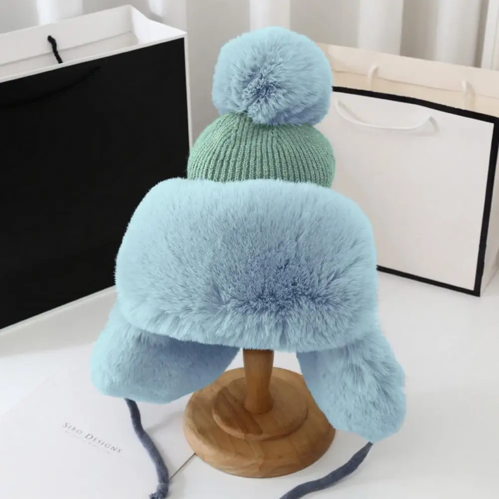 Earflap Hat Plush Lining Solid Color Ear Cap Pompom Conical Top Winter Windproof No Brim Knitting Bomber Trapper Cap for Outdoor