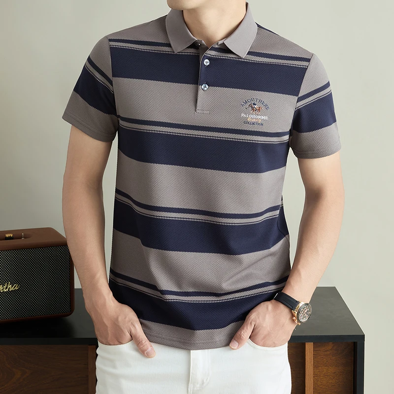 Luxuriöses Sommer-Herren-Poloshirt mit Kurzen Ärmeln, Kragen und Knöpfen, Hochwertige Stickerei, Modische Streifen, Atmungsaktive Herrenkleidung – Detail 18
