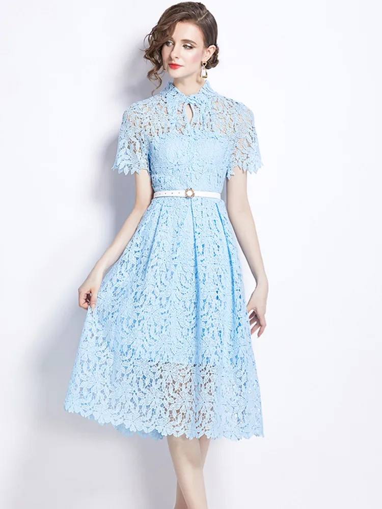 Elegant Fashion Party Dresses Women Short Sleeve Lace Summer Dress Simple Slim Lace Hollow Out Embroidery Slim Belt Dress