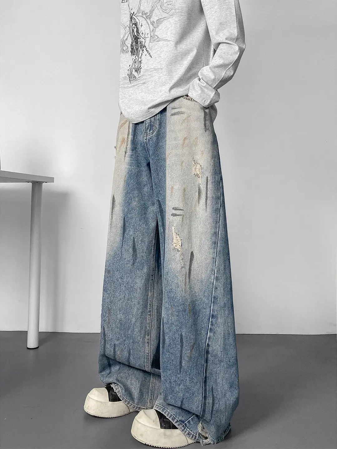 Men's Splashing Ink Graffiti Ripped Jeans Wide Leg Pants Summer Bottom Young Boy Casual Sweatpants Male High Waist Trousers