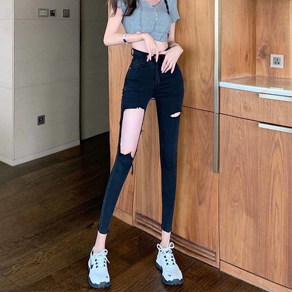 Ripped Y2k Jeans Woman High Waist Elastic Denim Pencil Pant Woman Korean Show Slim Chic Vintage Hole Skinny Jeans Mom