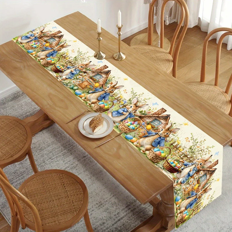 Vintage Easter Bunny Table Runner Rabbit Eggs Flower Table Cover Spring Easter Decorations For Home Kitchen Dining Table Decor