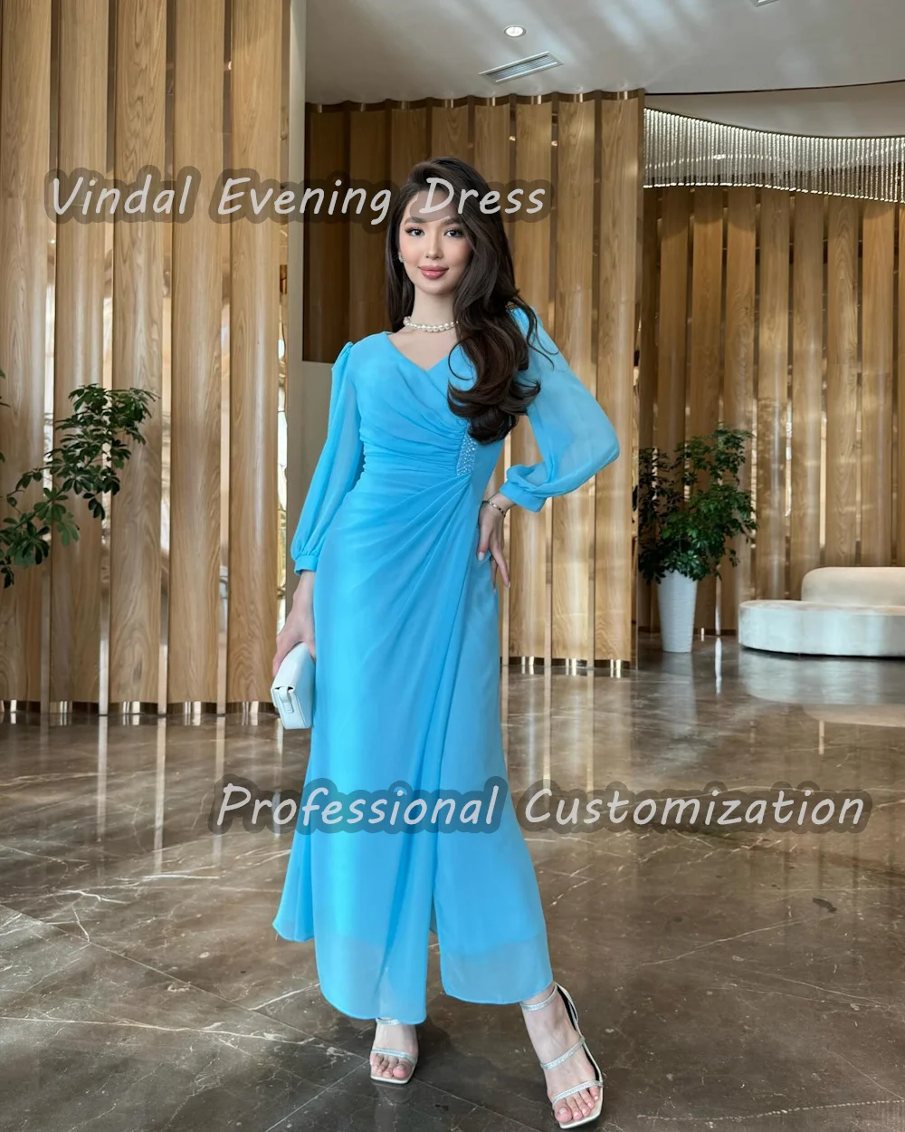 Abito da sera Vindal Chiffon alla caviglia con scollo a v volant moda lussuoso dritto elegante maniche lunghe muslimfor Woman 2024