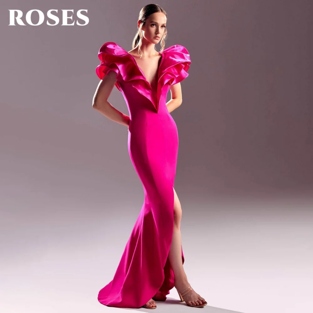 

ROSES Fuchsia Elegant Prom Dresses Plunging Neck Ruffled Formal Evening Dress Satin Side Split Party Dress for Woman Customized