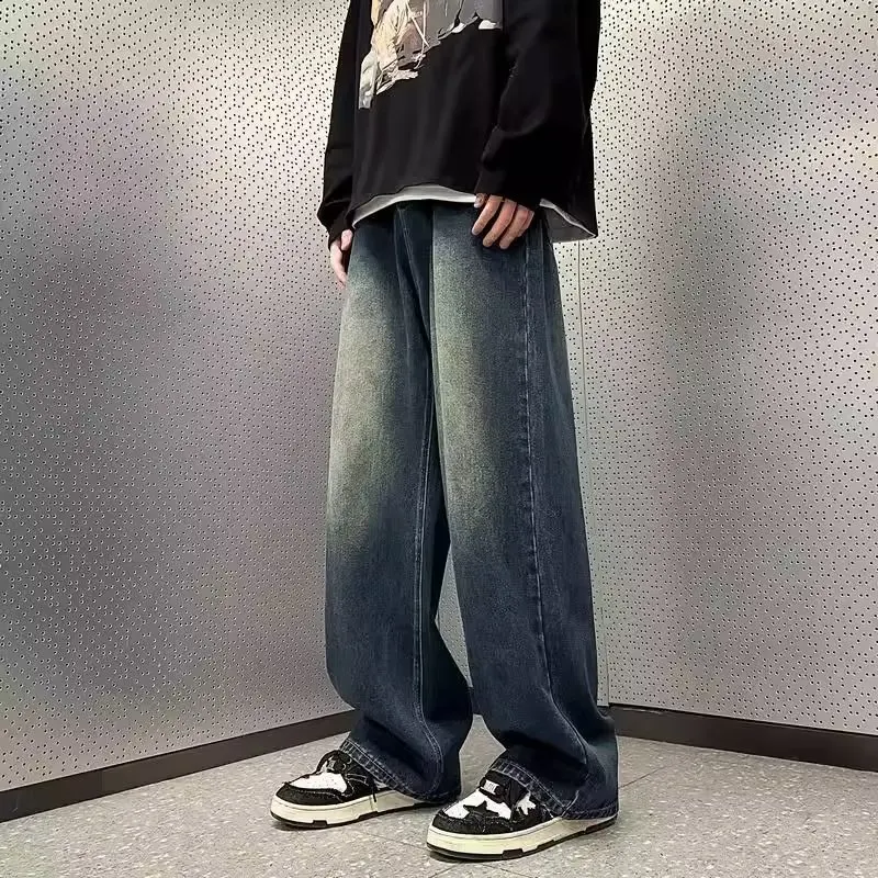 Four Seasons American Style Men Floor Length Loose Fit Wide Leg Straight Washed Casual Trendy Denim Trousers Male Simple Jeans